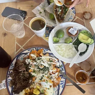 Chilaquiles Plate with Birria and 2 Eggs / Tacos Dorados.