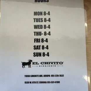 The correct opening and closing time