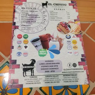 Back of menu
