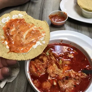 Posole with tostada salsa and cream