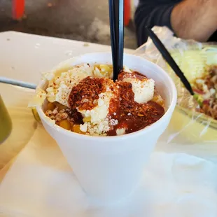 Cup of corn with everything. Very good.