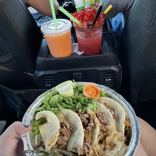 Steak tacos, melon agua, watermelon &quot;micheagua&quot;