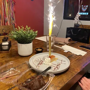 a birthday cake with a sparkler
