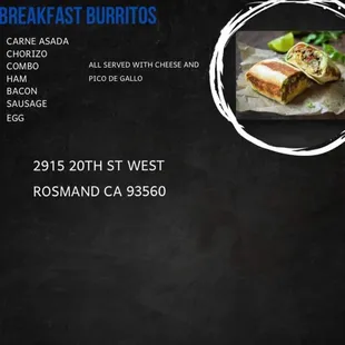 a menu for breakfast burritos
