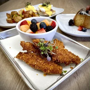 Fried Chicken Tenders, Egg Benedict in the back &amp; French toast