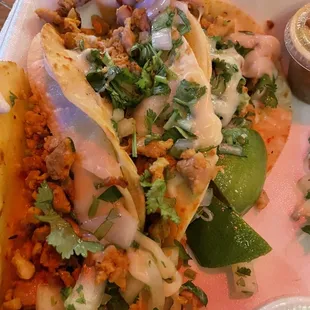 Chicken tacos. A bit deconstructed bc my husband flipped them vertical and upside down for transport :/