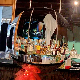 a bar with a mirror
