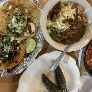 Steak taco, shrimp taco, side of grilled jalapeños, charro beans (which were the absolute star of the show!)