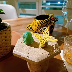 Colombian emerald and yellow butterfly ( two of the dessert dishes - the shape was beautiful but doesn&apos;t taste very nice)