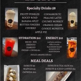 a menu of drinks and desserts
