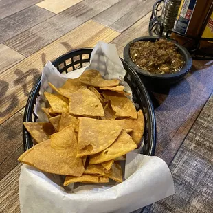 a basket of tortillas and salsa