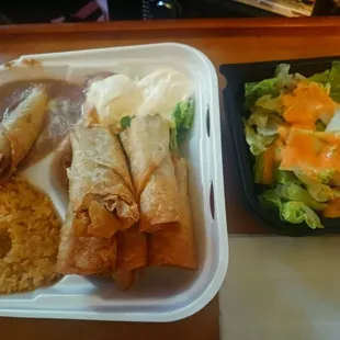 Flautas Dinner With Rice, Beans And Salad!