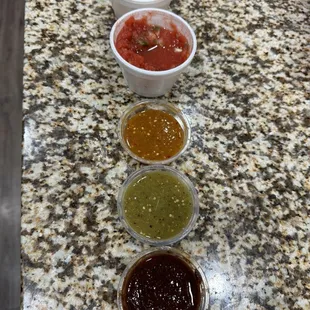 From non spicy, to medium to spicy! Variety of salsas!