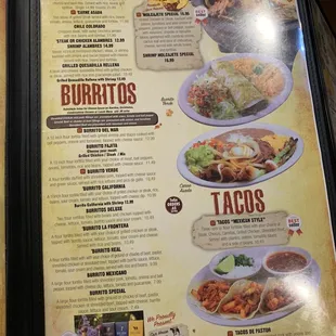Grill, burrito, and taco menu