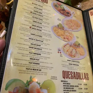 Seafood and quesadillas menu