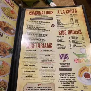 Combinations, vegetarian and kids menu