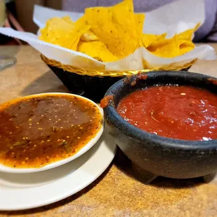 a bowl of salsa and a bowl of tortillas