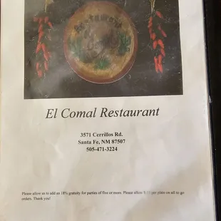 Front of menu
