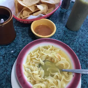 Complementary soup and chips.