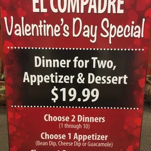 Come to el compadre this Valentine's Day and try our special deal !!!!!