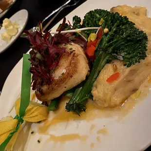 Sea bass with broccolini and lobster butter mashed potatoes