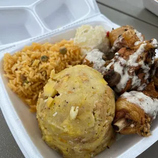 Chicharron de Pollo with Potato Salad and Mofongos