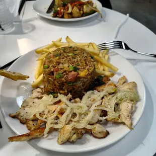 The grilled chicken and my son's kung pao chicken.