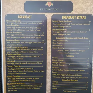 a menu for breakfast and brunch