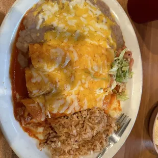 Chicken Enchiladas with rice and beans