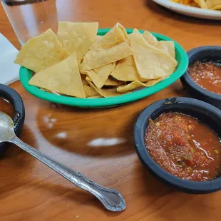 Chips ,hot red and mild salsa