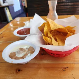 Chips, salsa and bean dip