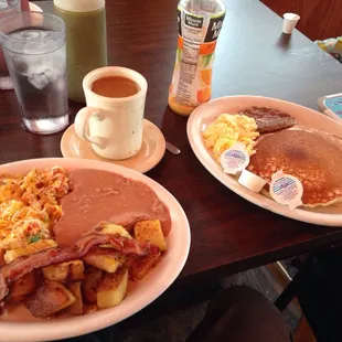 two plates of breakfast food