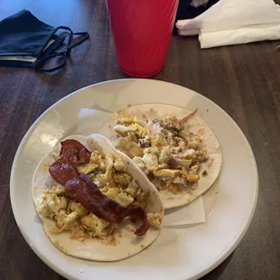 Bacon and Egg taco.  Sausage and Egg taco.