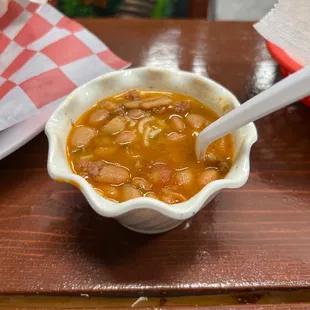 Free hot dog soup!! J/K it's charro beans with different types of meat.