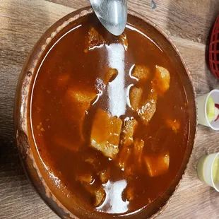 Menudo. No corn only tripe meat.