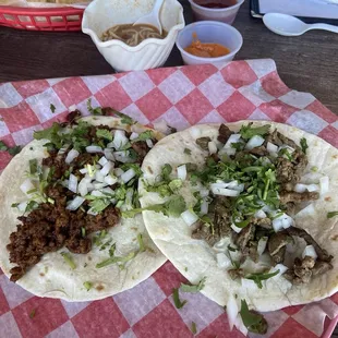 Chorizo and steak tacos. The chorizo taco with a flour tortilla was the Best that I've ever had!