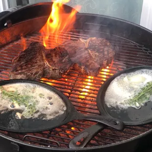 Porterhouse Prime Cut being seared before they are finished off in a bath of butter, olive oil, minced garlic and thyme!