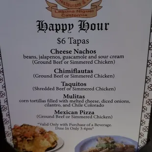 New Happy Hour $6 Tapas Menu w/purchase 1/2024