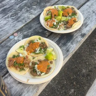 two plates of food on a picnic table