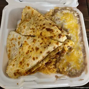 Chicken quesadilla with rice and beans! Highly recommend!