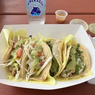 Shrimp Taco, Fish Taco, Carne Asada Taco, Pollo Taco &amp; a Mineragua