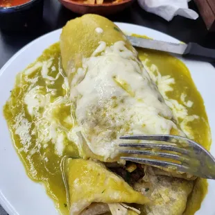 Carne Asada burrito, wet, with green sauce