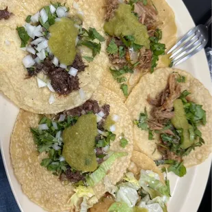 Cabeza tacos, carnitas tacos and fish taco