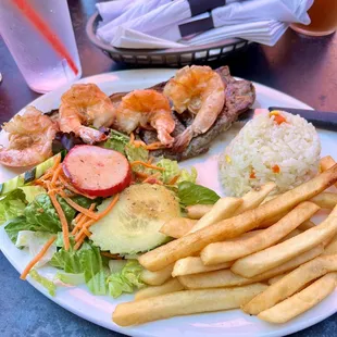 Tenderloin + Shrimp with rice, salad &amp; fries!