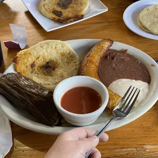 Tamale, papusa, and fried plantain