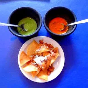Nachos with homemade chili hot sauces