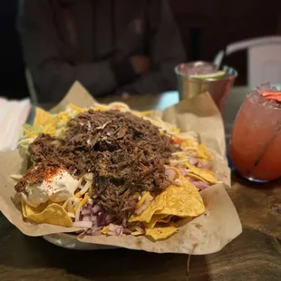 Beef Brisket Nachos, Agua de Fresa, and La Mula
