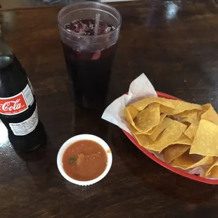 Mexican Coca-Cola. Agua de jamaica. Chips and salsa.