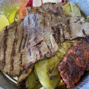 a plate of meat and vegetables