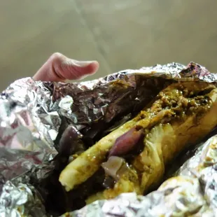 @endoedibles on Instagram 11/24/17 12” Jumbo Beef Mild Link with El Sauce and Onions